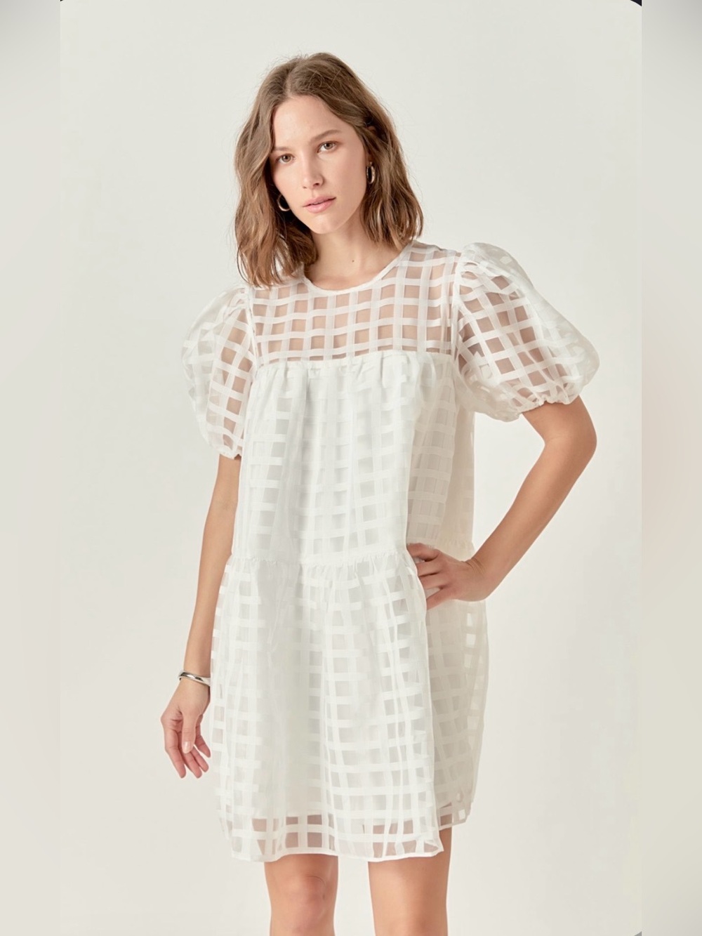 English Factory / Anthropologie White Gridded Organza Puff-Sleeve Mini Dress